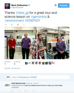 Tweet from Rep. DeSaulnier following his visit to the JGI