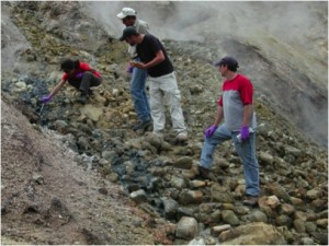 From top to bottom: Natsuko Hamamura, Rich Macur, Dustin Morse and Mark Kozubal sample streamer communities at Calcite Spring area, August 2007. (Image courtesy of Bill Inskeep)