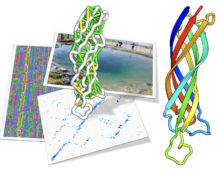 From sample to structure. Top: Researchers gathering samples from Great Boiling Spring in Nevada. Left: a snapshot of aligned metagenomic sequences. Each row is a different sequence (the different colors are the different amino acid groups). Each position (or column) is compared to all other positions to detect patterns of co-evolution. Bottom: the strength of the top co-evolving residues is shown as blue dots, these are also shown as colored lines on the structure above. The goal is to make a structure that makes as many of these contacts as possible. Right: a cartoon of the protein structure predicted. The protein domain shown is from Pfam DUF3794, this domain is part of a Spore coat assembly protein SafA. (Image of Great Boiling Spring by Brian Hedlund, UNLV. Protein structure and composite image by Sergey Ovchinnikov, UW)