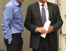 JGI Director Emeritus Eddy Rubin (left) in conversation with Berkeley Lab COO Glenn Kubiak (right) just before the IGB program in the Bldg 50 Auditorium.