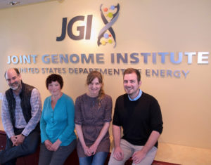 DOE JGI authors on the Klosneuviruses paper: (left to right) Prokaryote Super Program Head Nikos Kyrpides; Functional Annotation Group Head Natalia Ivanova; study senior author and Microbial Genomics Program Head Tanja Woyke; and, study first author Frederik Schulz.