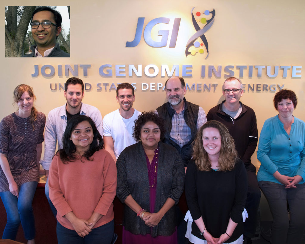 Some of the DOE JGI authors on the Nature Biotechnology paper. Front Row: Neha Varghese, co-first author Rekha Seshadri, Emiley Eloe-Fadrosh. Back Row: Tanja Woyke, George Pavropoulos, David Paez-Espino, senior author Nikos Kyrpides, Natalia Ivanova. Top Left Inset: co-first author Supratim Mukherjee