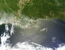 The oil slick in the Gulf of Mexico from the Deepwater Horizon oil spill as seen on April 29, 2010. (NASA Earth Observatory image created by Jesse Allen, using data provided courtesy of the University of Wisconsin’s Space Science and Engineering Center MODIS Direct Broadcast system)