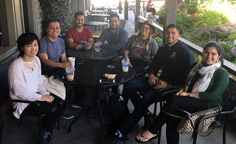 The UC Merced interns take a coffee break with Zhong: (L to R): Brenda Yu, Zhong Wang, Jonathan Anzules, Mario Banuelos, Jackie Shay, Antonio Gonzales, Mahrukh Mujeeb. Not pictured: Sai Prahabkar