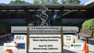 Click on the image to watch a video of JGI and KBase staff signing the final beam that will "top off" the Integrative Genomics Building at the JGI. 