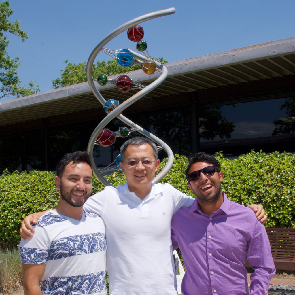 Zhong Wang (center), co-founder of the JGI-UC Merced Genomics Internship, with his previous UC Merced interns Jonathan Anzules (left) and Cristhian Gutierrez Huerta (right).