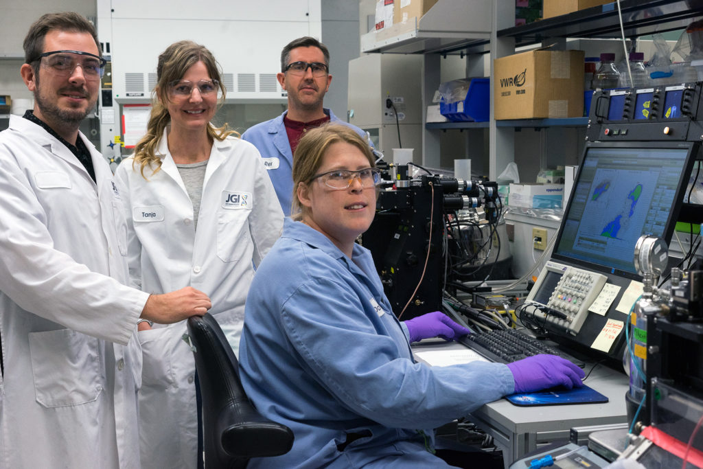 The JGI team involved in the study (left to right): Frederik Schulz, Tanja Woyke, Rex Malmstrom and Danielle Goudeau (sitting). 