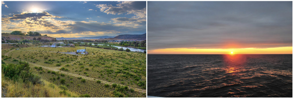 Samples of Margulisbacteria were collected at a number of locations, including Rifle, Colo., (left) and from the Gulf of Maine off the coast of Boothbay Harbor, Maine (right). (Image of Rifle, Colo. sampling site by Roy Kaltschmidt, Berkeley Lab. Image of sunset over the Gulf of Maine by NASA/SABOR/Wayne Slade, Sequoia Scientific, Flickr CC BY 2.0)