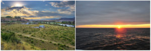 Samples of Margulisbacteria were collected at a number of locations, including Rifle, Colo., (left) and from the Gulf of Maine off the coast of Boothbay Harbor, Maine (right). (Image of Rifle, Colo. sampling site by Roy Kaltschmidt, Berkeley Lab. Image of sunset over the Gulf of Maine by NASA/SABOR/Wayne Slade, Sequoia Scientific, Flickr CC BY 2.0)