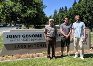Graham Larue (center) with mentors Asaf Salamov (left) and Igor Grigoriev (right).