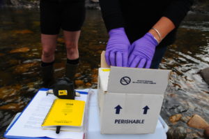 Rebecca Daly opening the WHONDRS sampling kit from Pacific Northwest National Laboratory. (Massie Ballon)