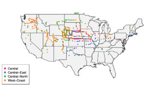 Every dot on this map represents the location of a green millet (Setaria viridis) plant collected by Danforth Center researchers. (Courtesy of the Kellogg lab)