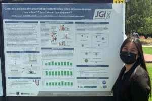 CalTeach intern Valerie Tran next to her poster
